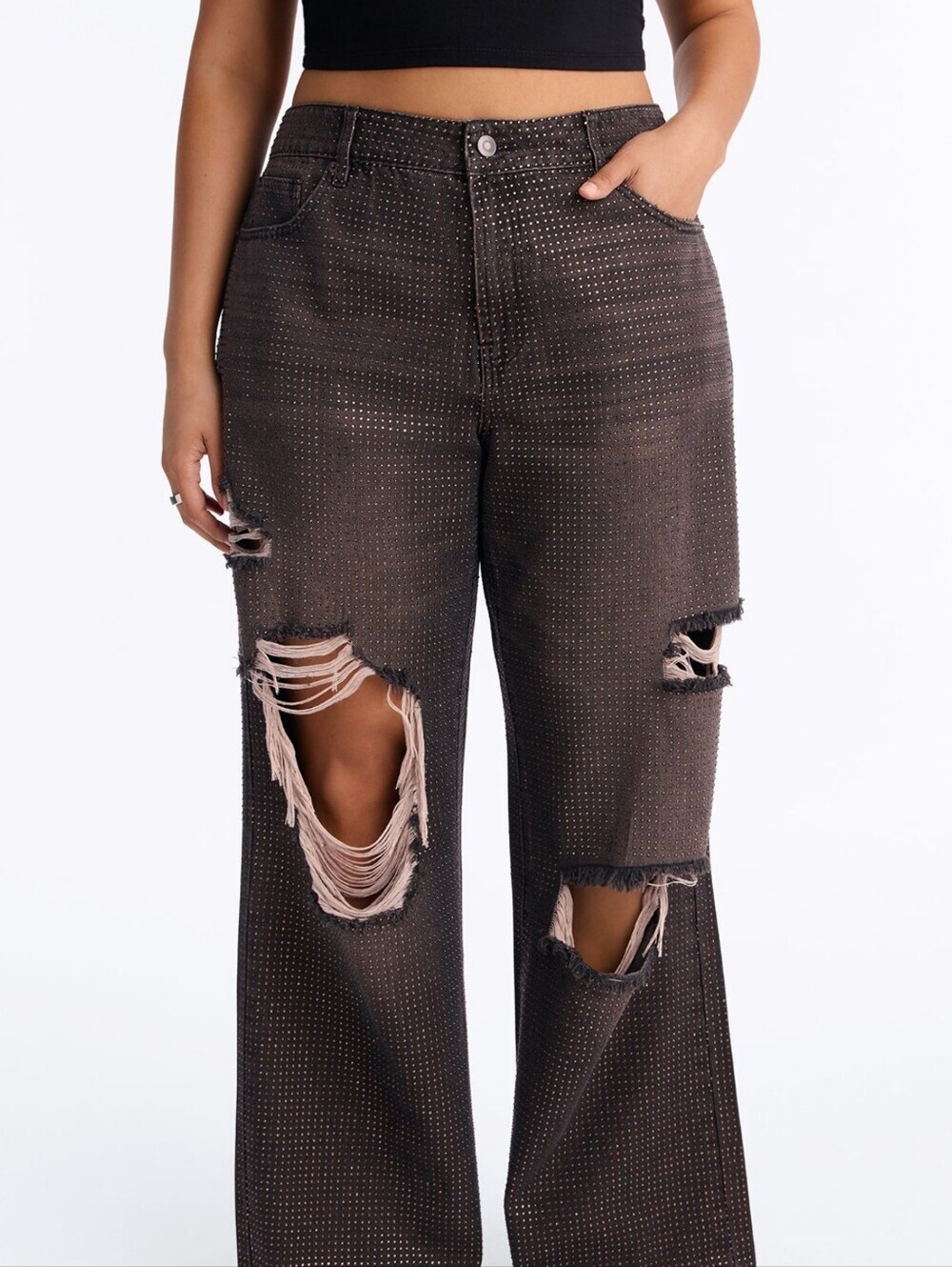 Show Off Rhinestone Embellished Ripped Wide Leg Jeans - Brown - Picture 4 of 5